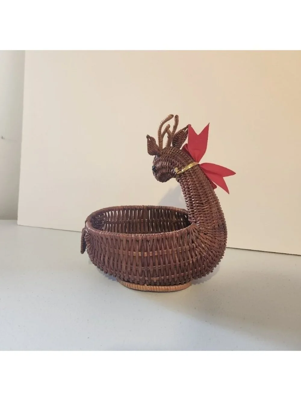 Vintage Rattan Wicker Reindeer Shape Deer Christmas Trinket Basket 90s 1990s